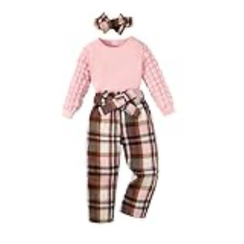Pink Top and Plaid Pants Set with Bow